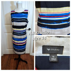 AB Studio, midi dress,‎ striped, multi color, lined, size 14